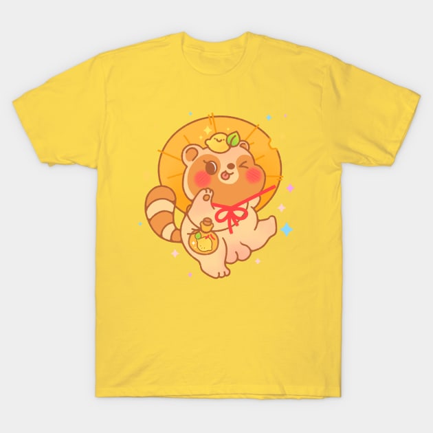 Happy Tanuki Yokai (Japanese Raccoon dog) T-Shirt by pinkginkgo